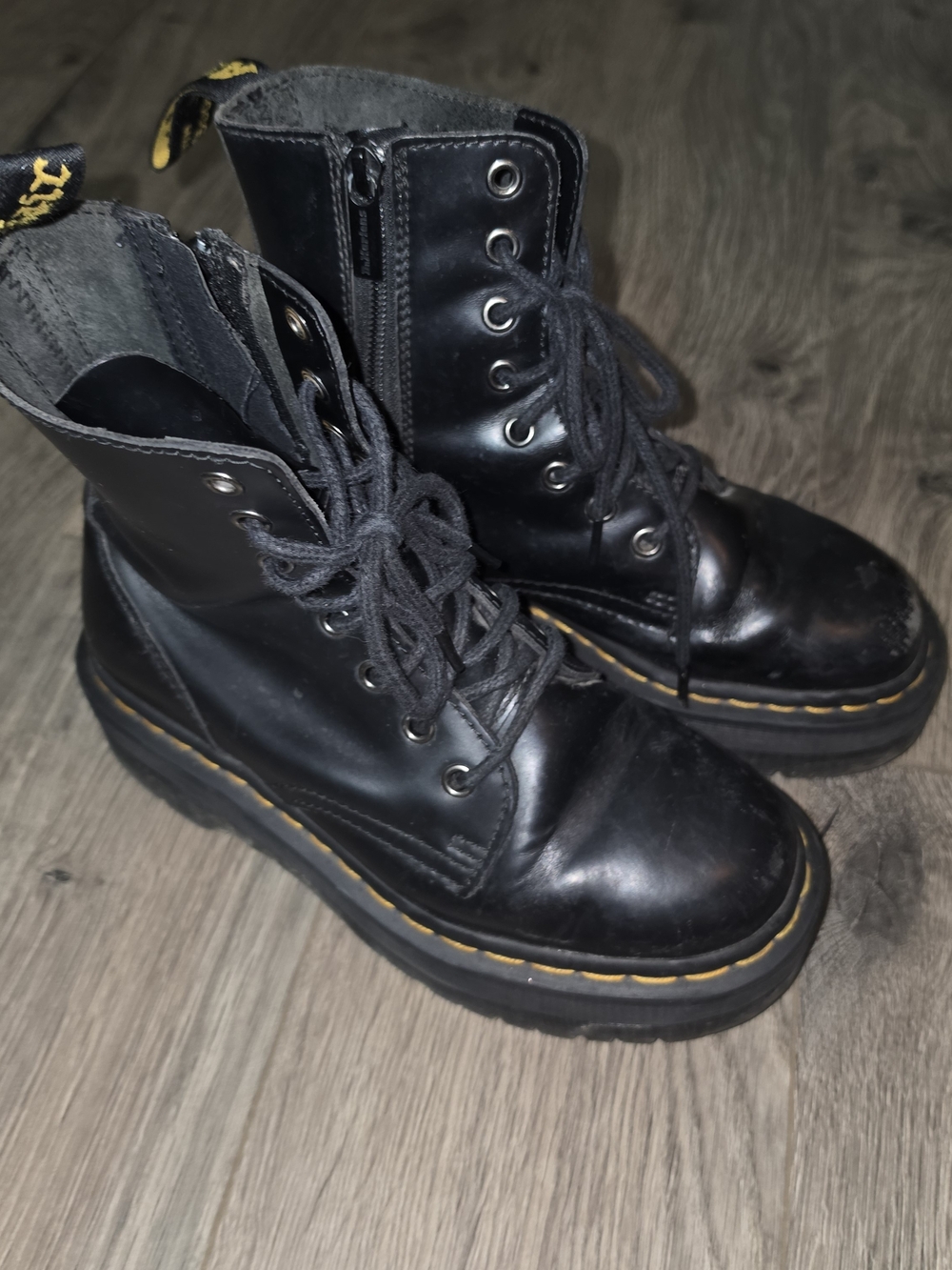 Dr. Martens Black Leather Combat Boots with Yellow Stitching